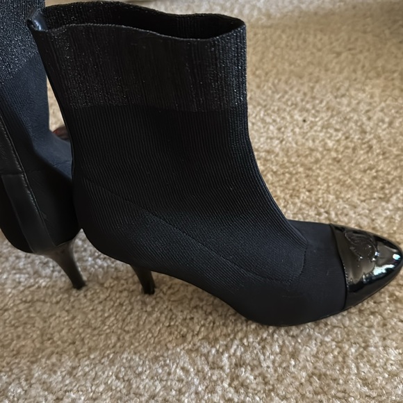 Chanel Black Knit Fabric and Patent Leather CC Cap Toe Ankle Booties - Picture 4 of 8